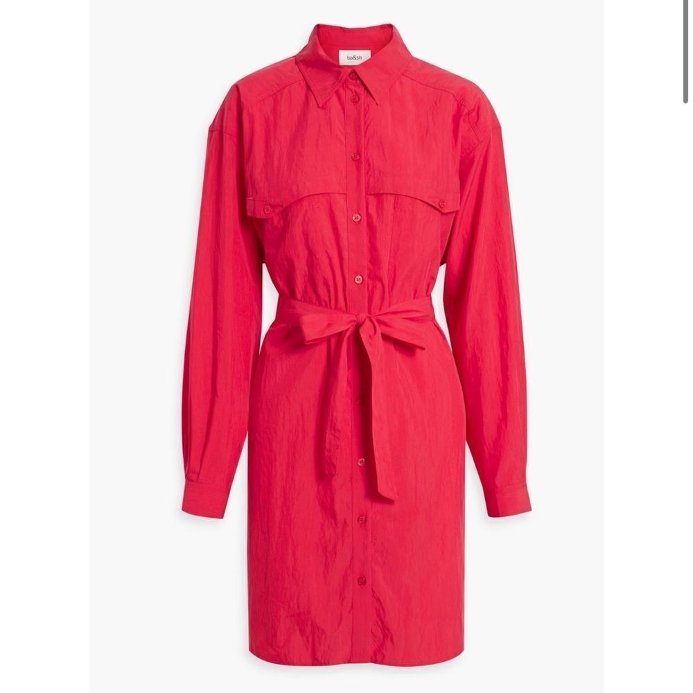 BA&SH Pearl Belted Red Lyocell blend Poplin Mini Shirt Dress Women’s Sz XS - Picture 6 of 9